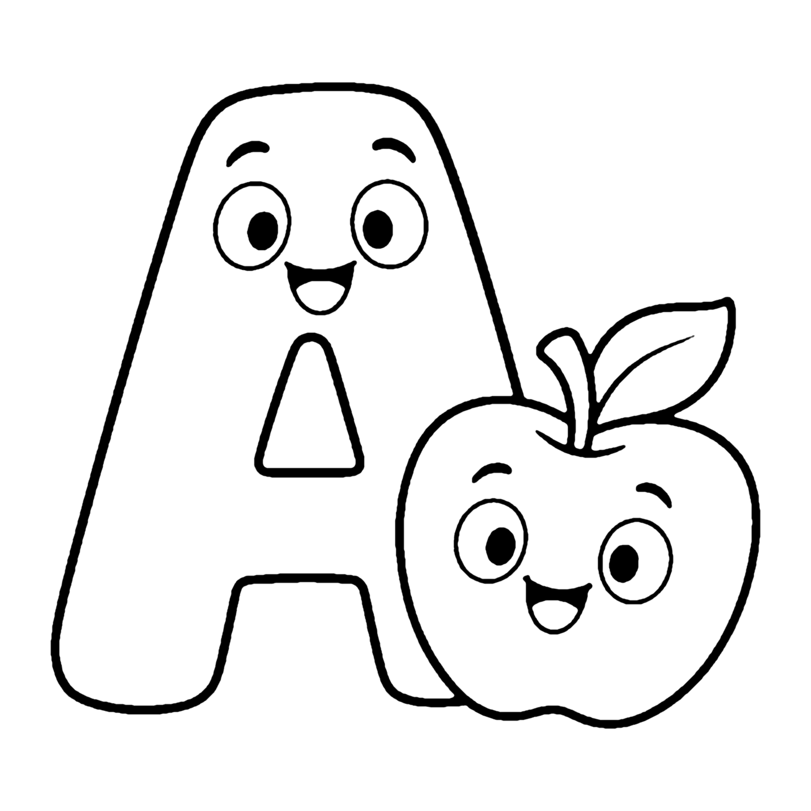 Line drawing of a smiling bubble capital letter A next to a smiling apple with a leaf