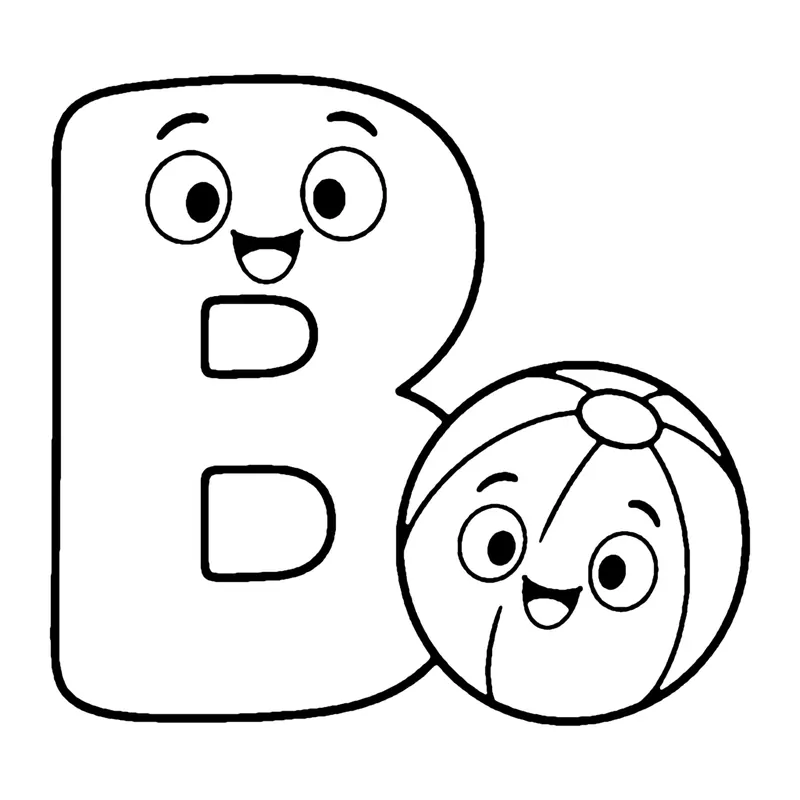 Line drawing of a smiling bubble capital letter B next to a smiling striped beach ball