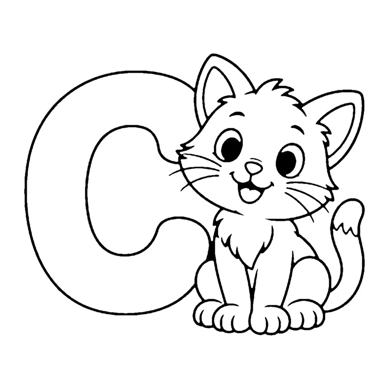 Line drawing of a big capital letter C with a fluffy kitten sitting in front of it