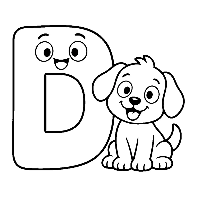 Line drawing of a smiling bubble capital letter D with a floppy-eared puppy sitting beside it