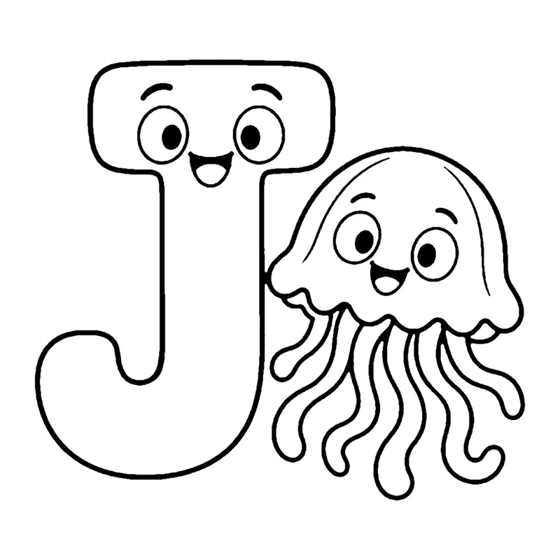 Line drawing of a smiling capital letter J beside a smiling jellyfish with long wavy tentacles