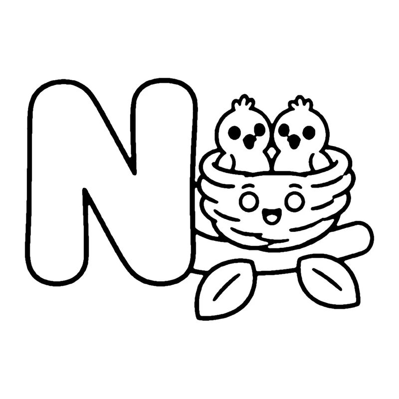Line drawing of a capital letter N next to a woven nest with two baby birds and leaves