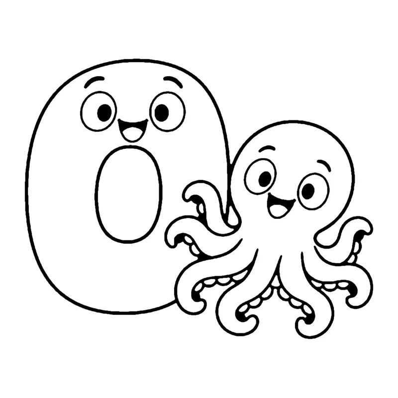 Line drawing of a smiling round capital letter O with a smiling octopus waving its curly arms