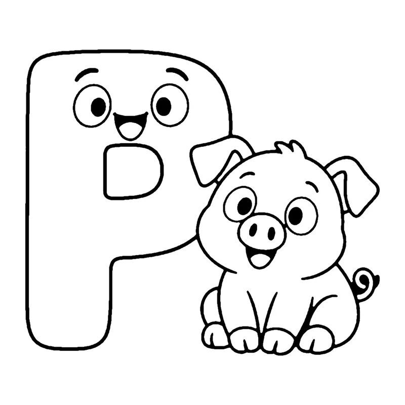 Line drawing of a smiling capital letter P with a curly-tailed piglet sitting beside it