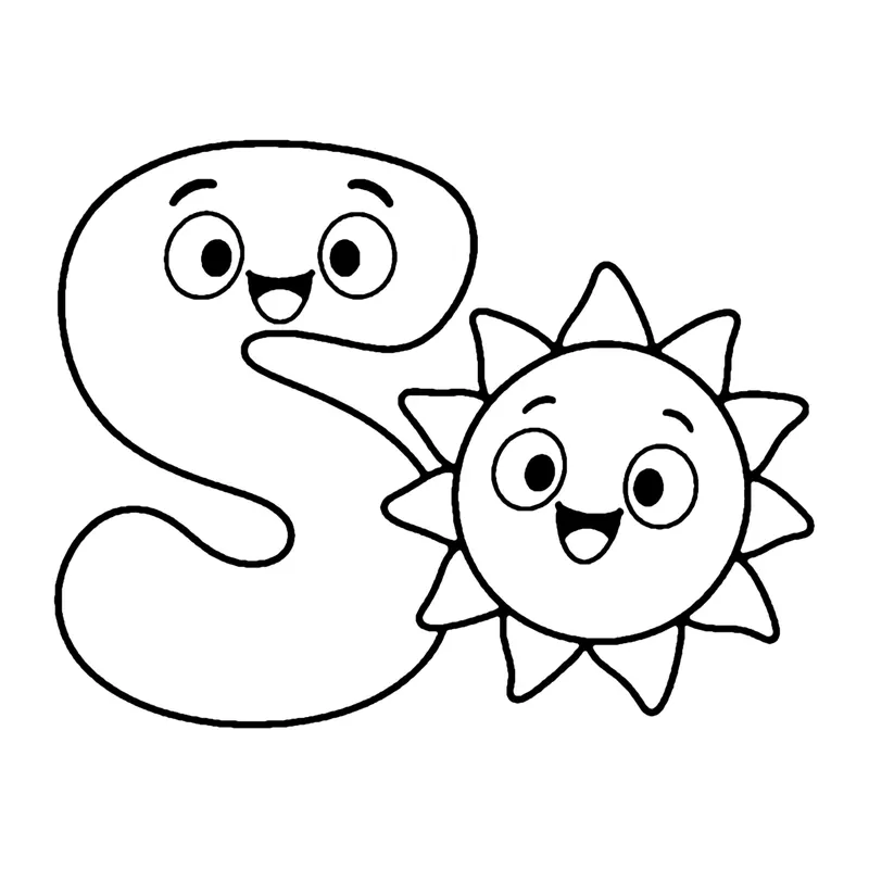 Line drawing of a smiling curvy capital letter S beside a smiling sun with pointed rays