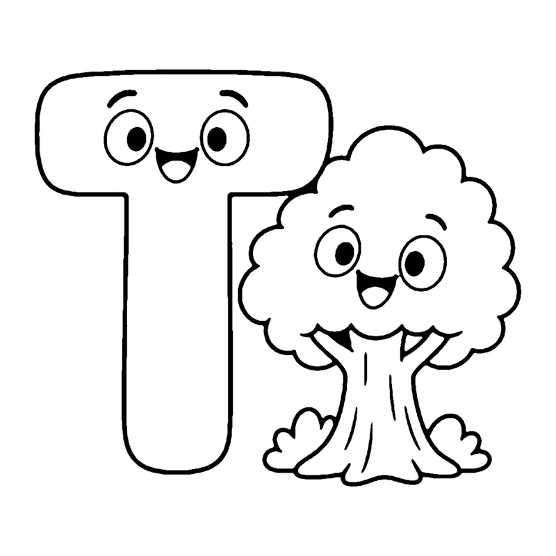 Line drawing of a smiling capital letter T beside a smiling leafy tree with a thick trunk