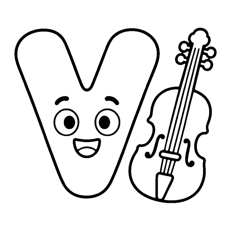 Line drawing of a smiling capital letter V next to a violin with strings and a scroll