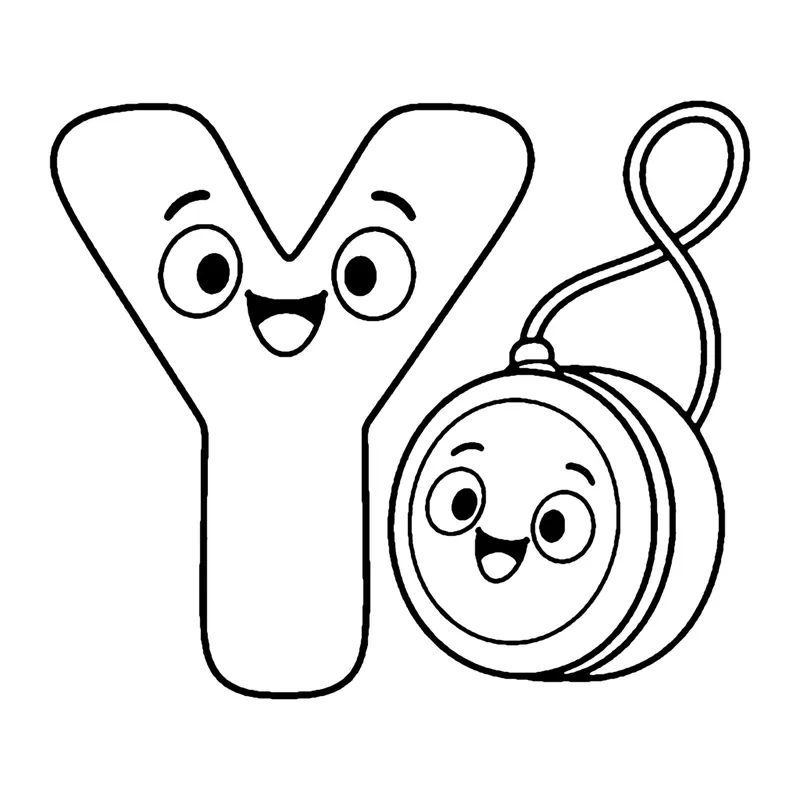 Line drawing of a smiling capital letter Y beside a smiling yo-yo hanging from a string