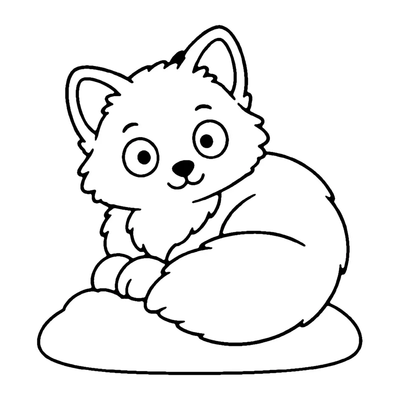 Line drawing of a fluffy arctic fox curled up on a snowy mound with its bushy tail around it