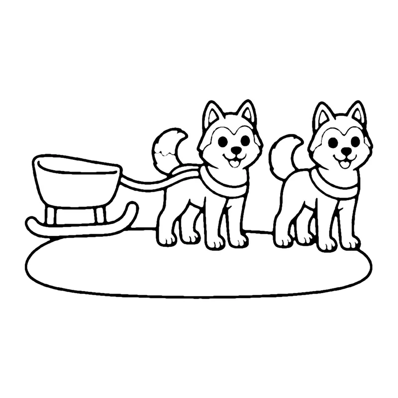 Line drawing of two husky dogs pulling an empty wooden sled across the snow
