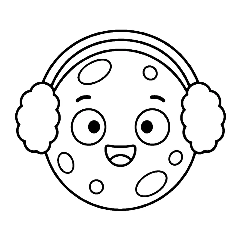 Line drawing of a smiling full moon with craters wearing a pair of fluffy earmuffs