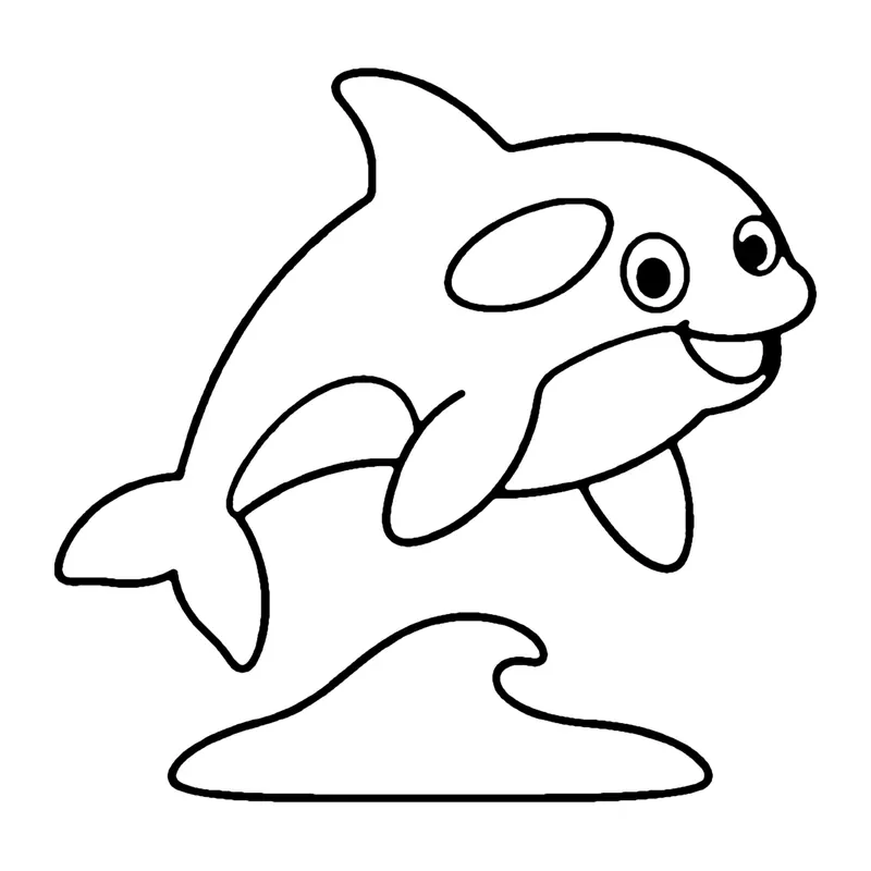 Line drawing of a smiling orca leaping out of a splashing wave