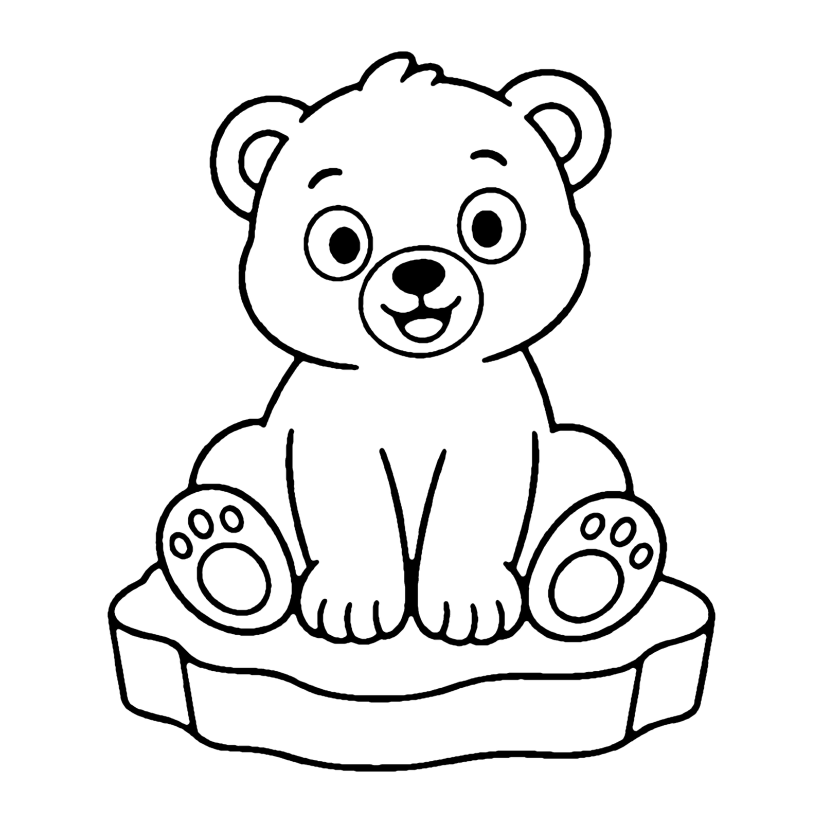 Line drawing of a polar bear cub sitting on a chunk of ice with its paw pads showing
