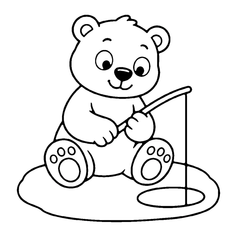 Line drawing of a polar bear sitting on ice holding a fishing rod over a hole