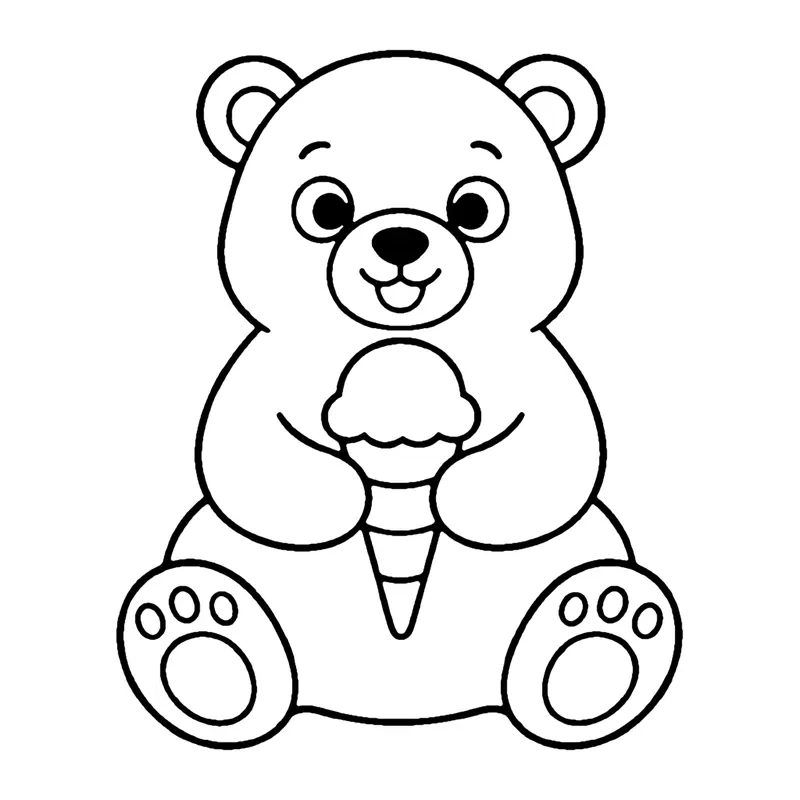 Line drawing of a polar bear sitting and holding an ice cream cone