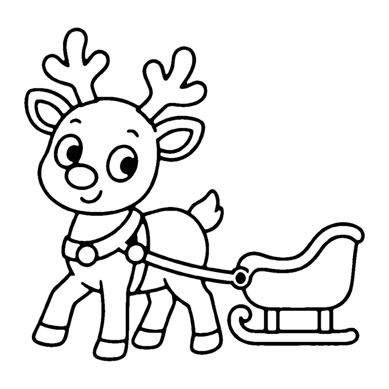 Line drawing of a young reindeer with antlers and a harness pulling a small sleigh