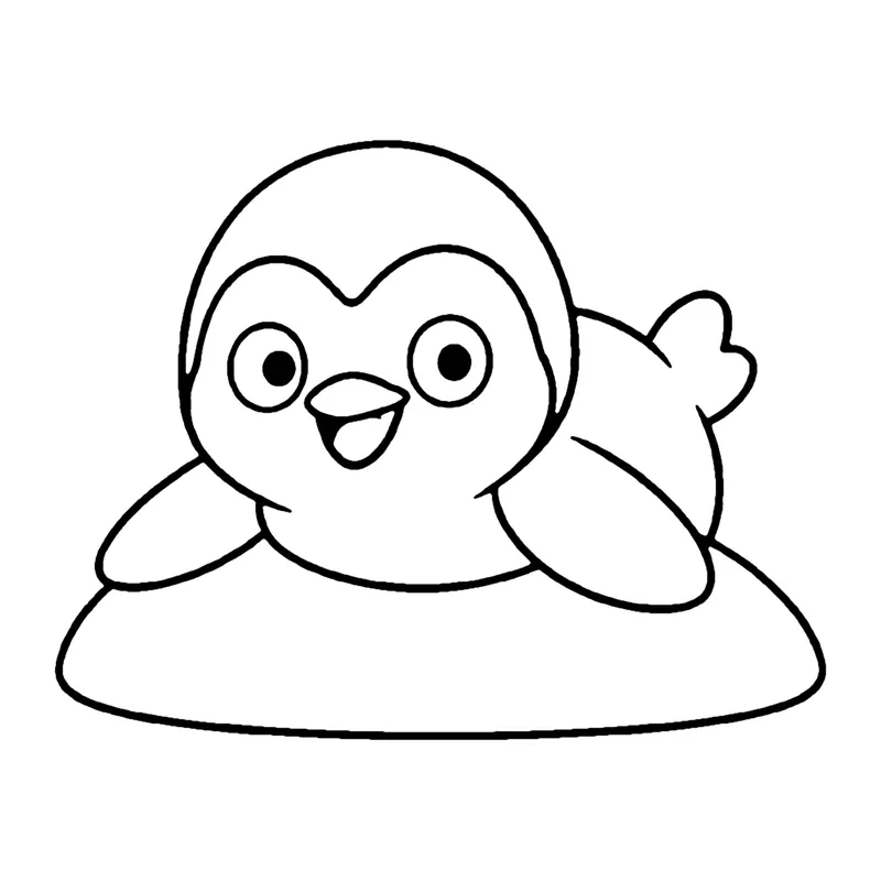 Line drawing of a happy penguin sliding forward on its belly across a snowy mound