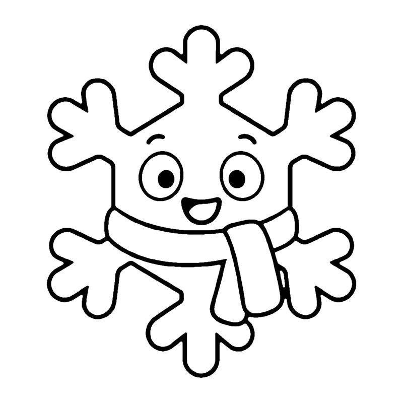 Line drawing of a six-pointed snowflake with a smiling face wearing a scarf