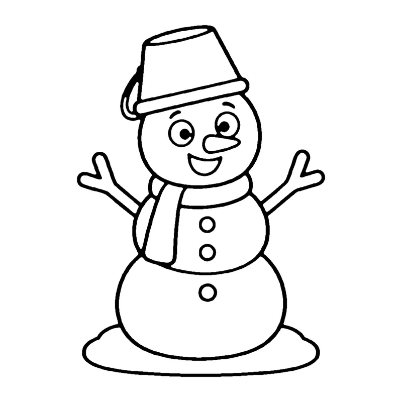Line drawing of a smiling snowman with a bucket hat, carrot nose, scarf, buttons and stick arms