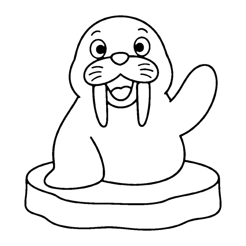 Line drawing of a smiling walrus with long tusks and whiskers waving a flipper from an ice floe