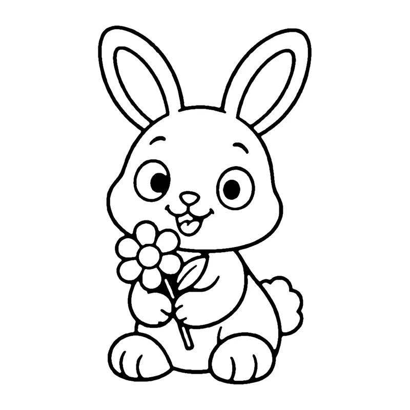 Line drawing of a baby bunny with tall ears holding a small flower