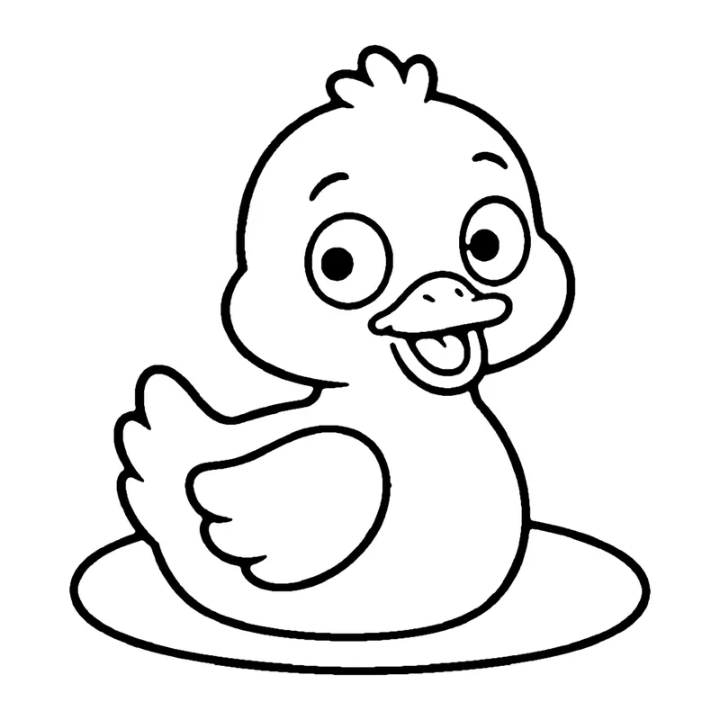 Line drawing of a round fluffy duckling with a wide bill sitting on a small puddle