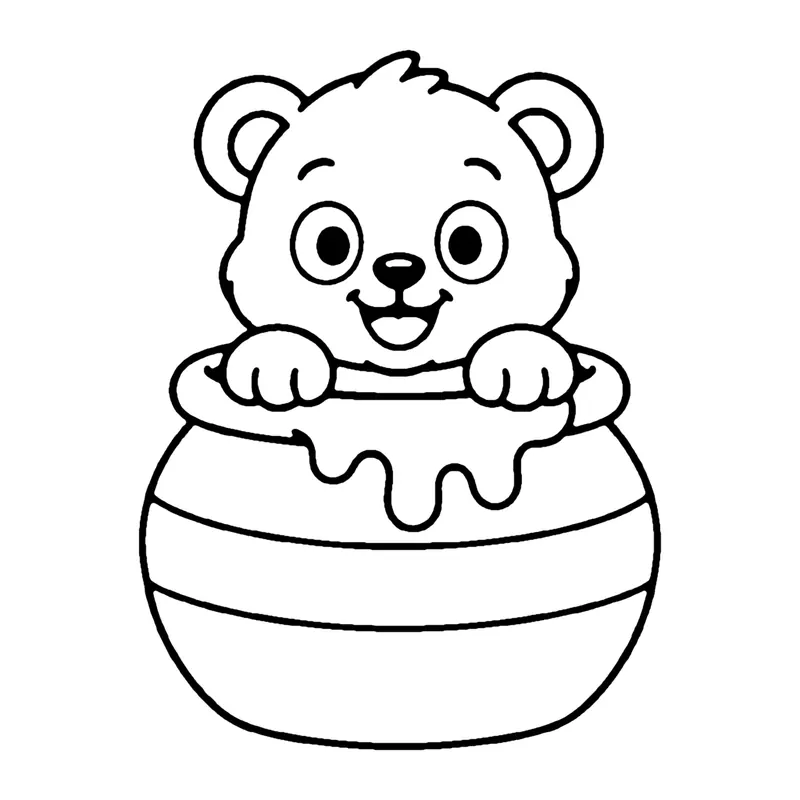 Line drawing of a bear cub peeking out of a striped honey pot with honey dripping down