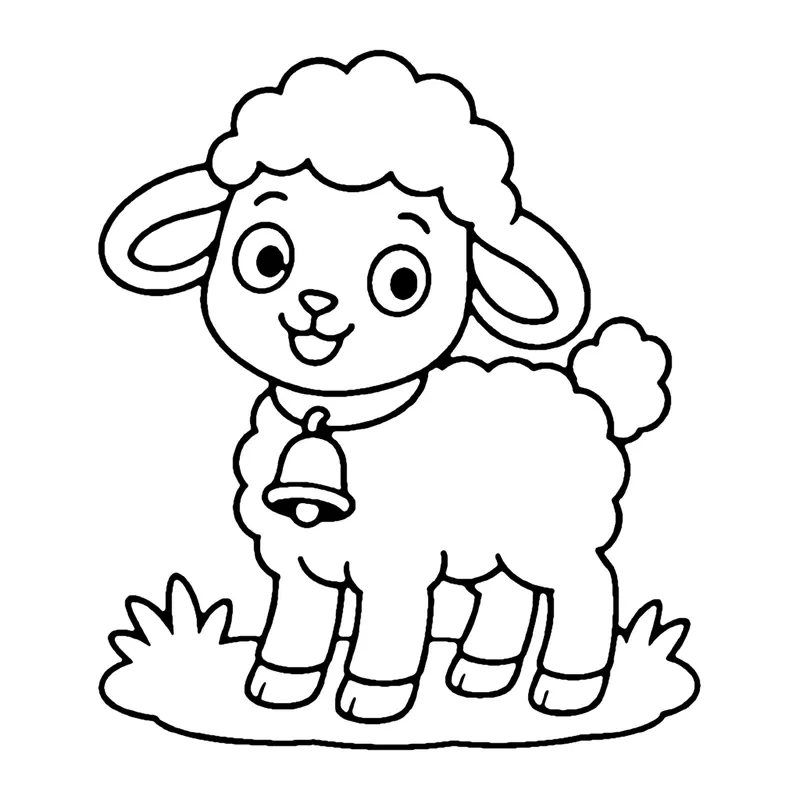 Line drawing of a woolly lamb wearing a bell on its collar standing in the grass
