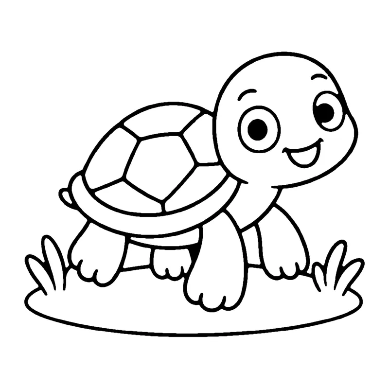 Line drawing of a smiling baby turtle with a patterned shell crawling across the sand