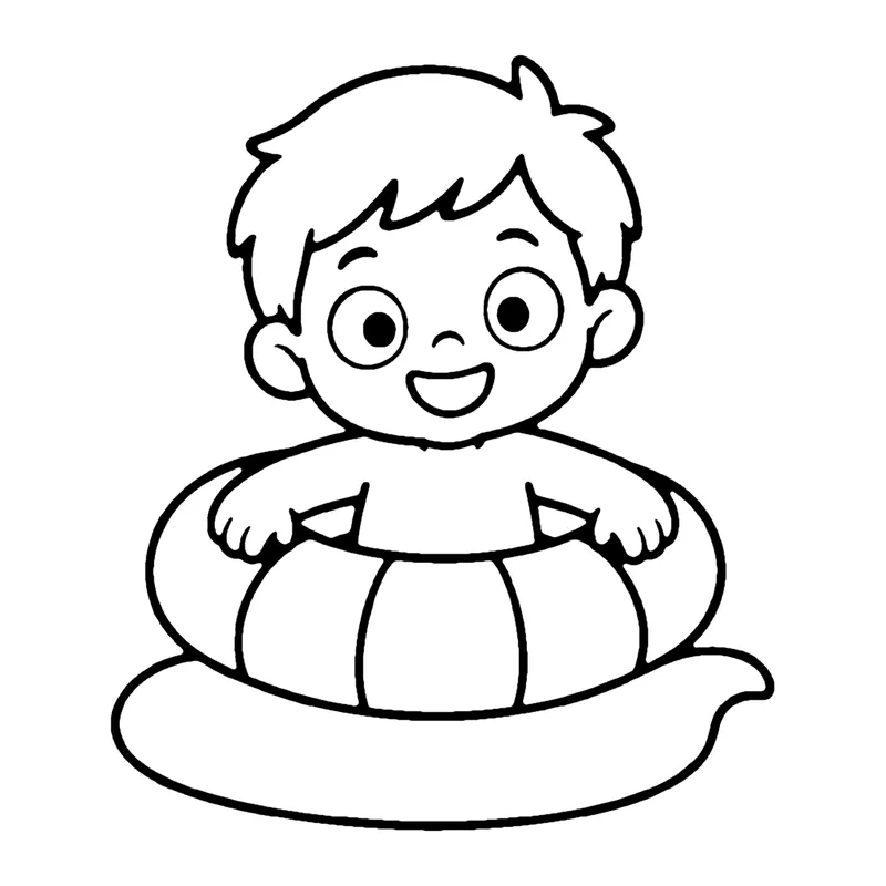 Line drawing of a smiling boy floating in a striped swim ring on the water