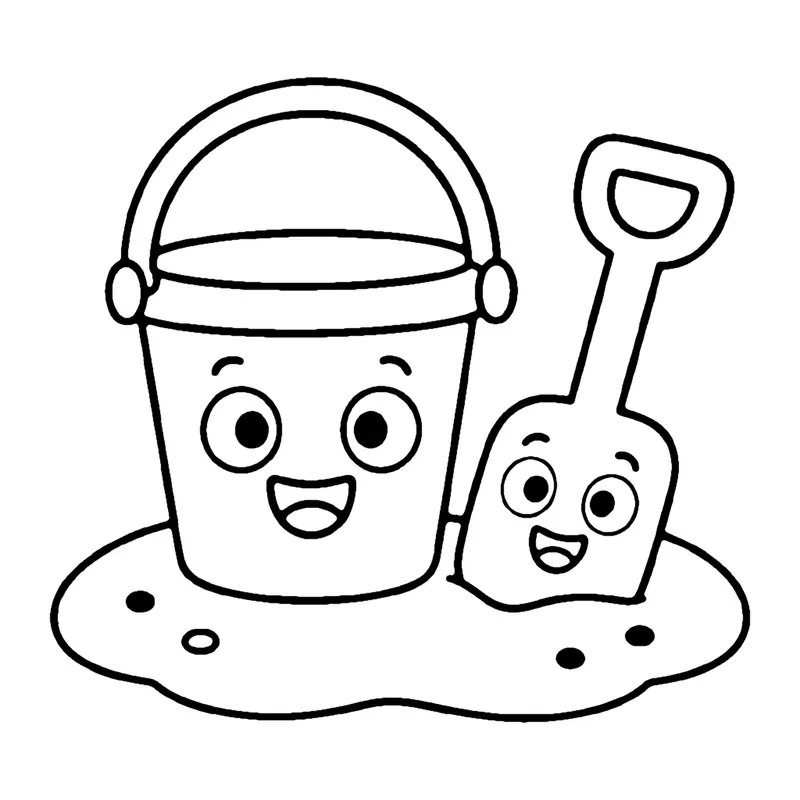 Line drawing of a smiling sand bucket with a handle and a smiling spade standing in the sand