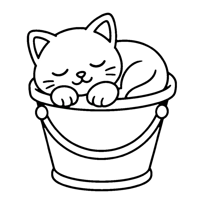 Line drawing of a kitten napping curled up inside a sand bucket