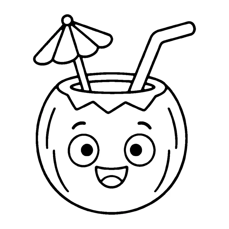 Line drawing of a smiling coconut with a straw and a little paper umbrella on top