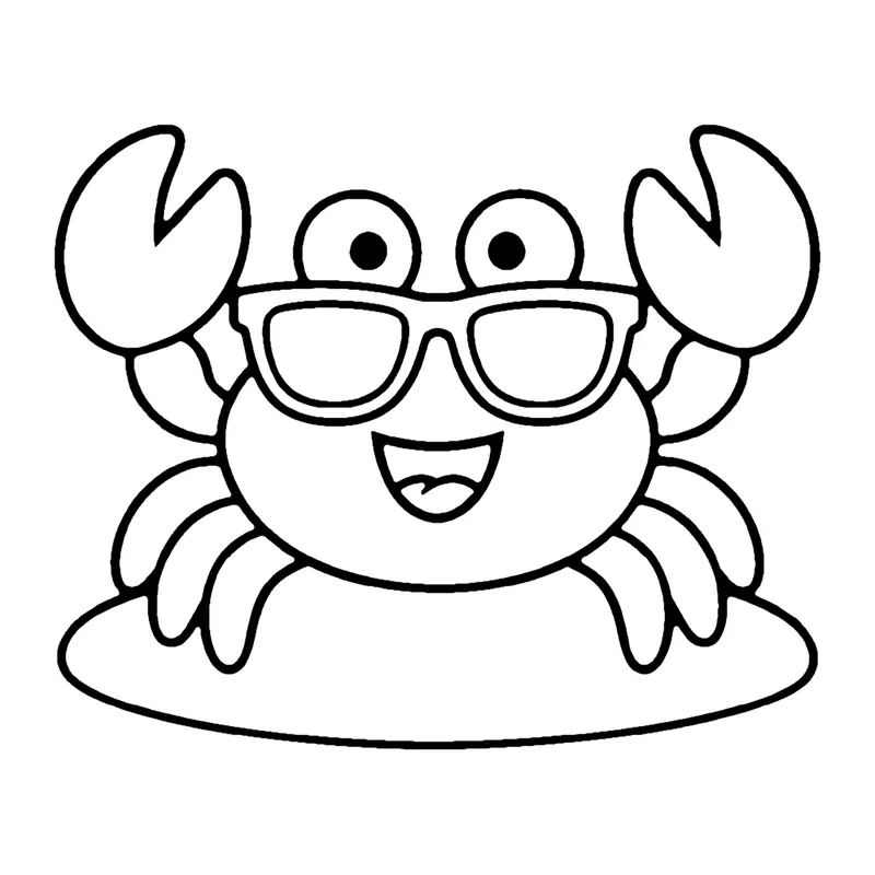 Line drawing of a smiling crab wearing sunglasses with its claws raised, on a patch of sand
