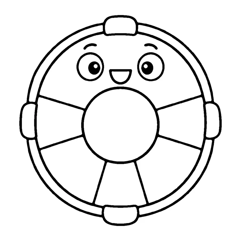 Line drawing of a smiling life ring with striped sections and a rope around the edge