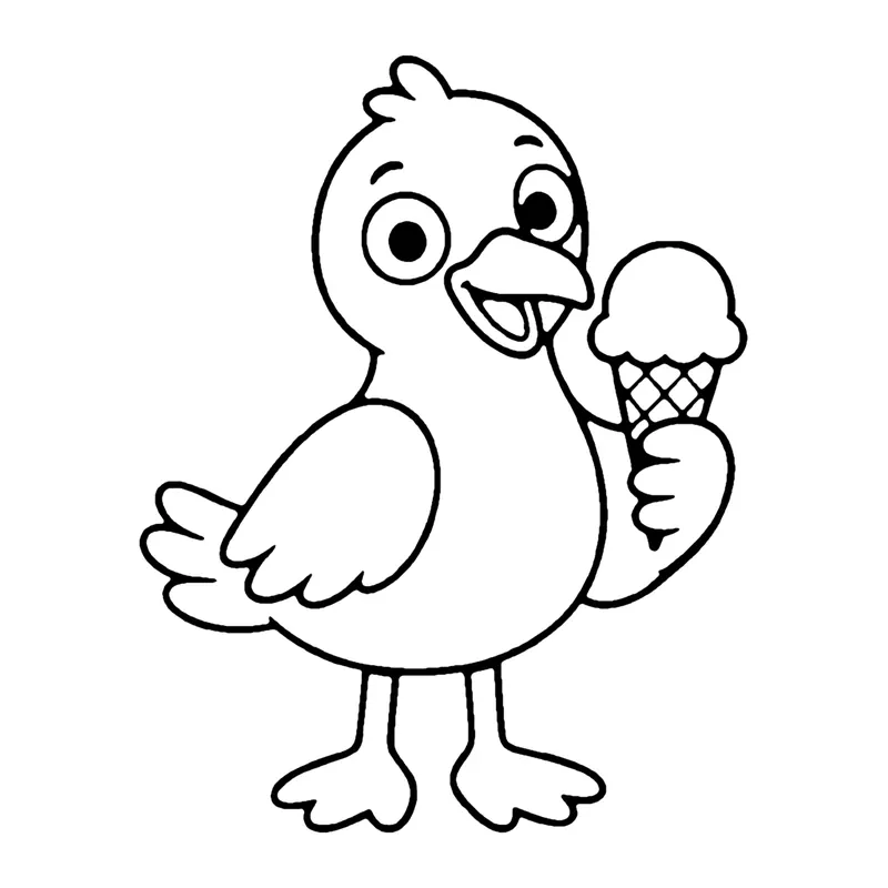 Line drawing of a seagull standing on webbed feet holding an ice cream cone in its wing