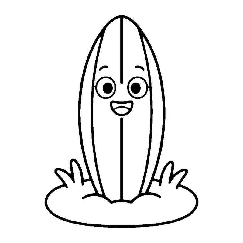 Line drawing of a smiling surfboard standing upright in the sand with grass around it