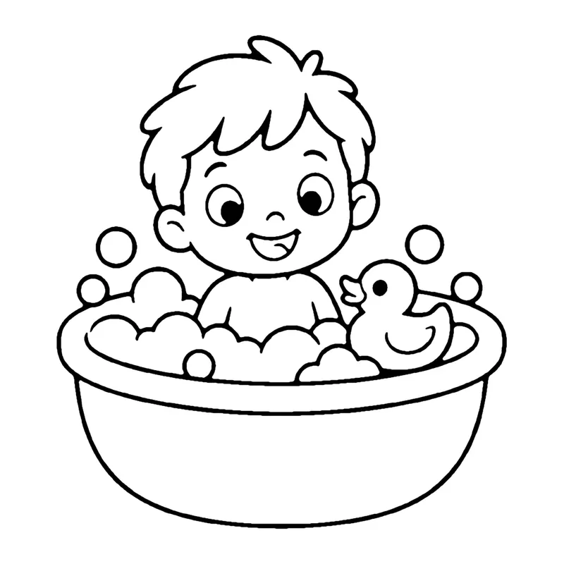 Line drawing of a smiling child in a round bathtub full of bubbles with a rubber duck