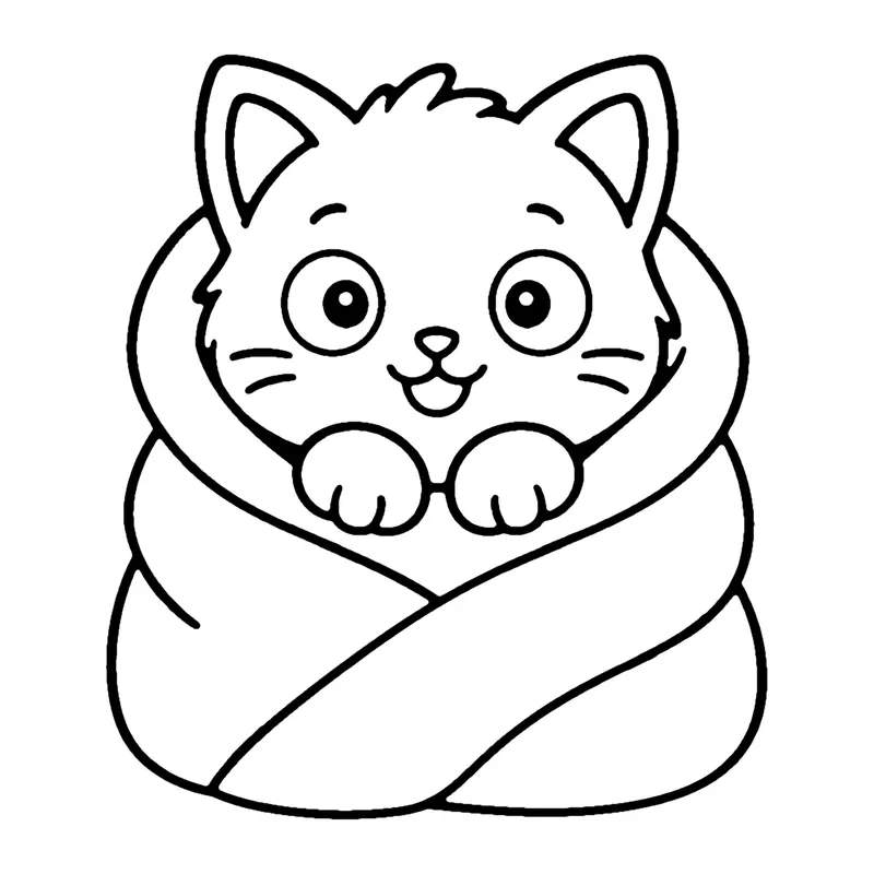 Line drawing of a kitten wrapped snugly in a blanket with only its head and paws peeking out