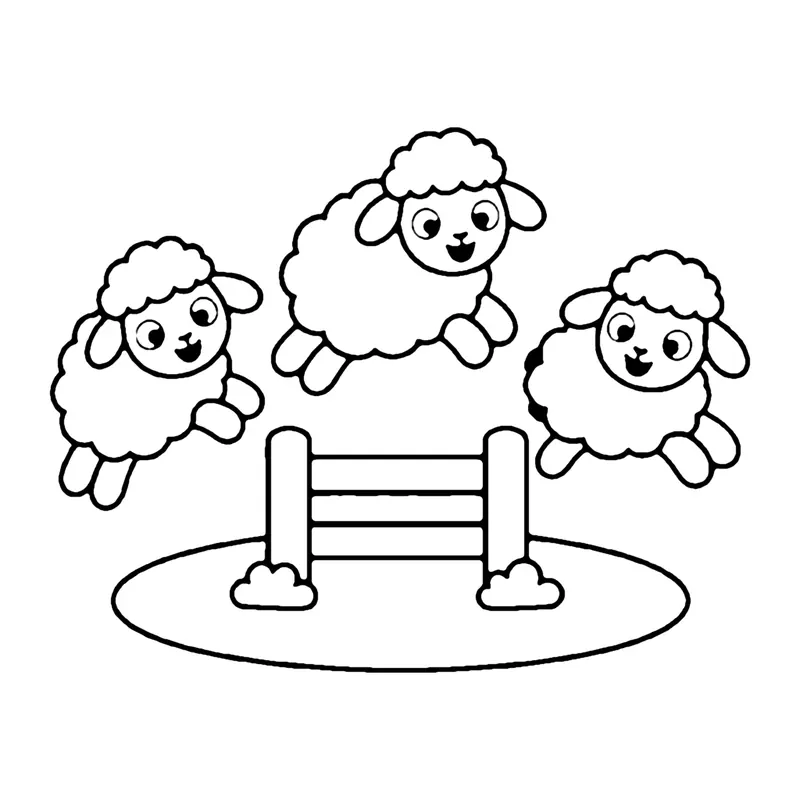 Line drawing of three fluffy sheep jumping one after another over a small wooden fence