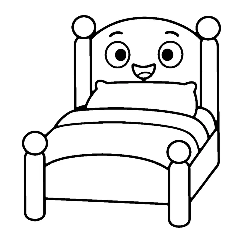 Line drawing of a smiling bed with a headboard, round bedposts, a pillow and a blanket
