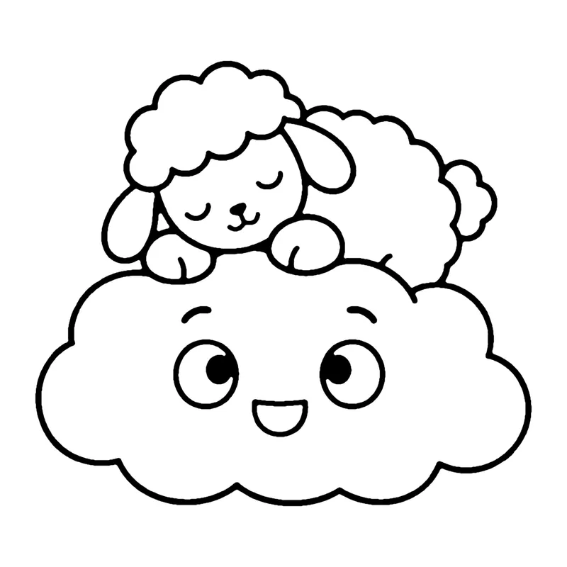 Line drawing of a smiling cloud with a sleeping lamb curled up on top
