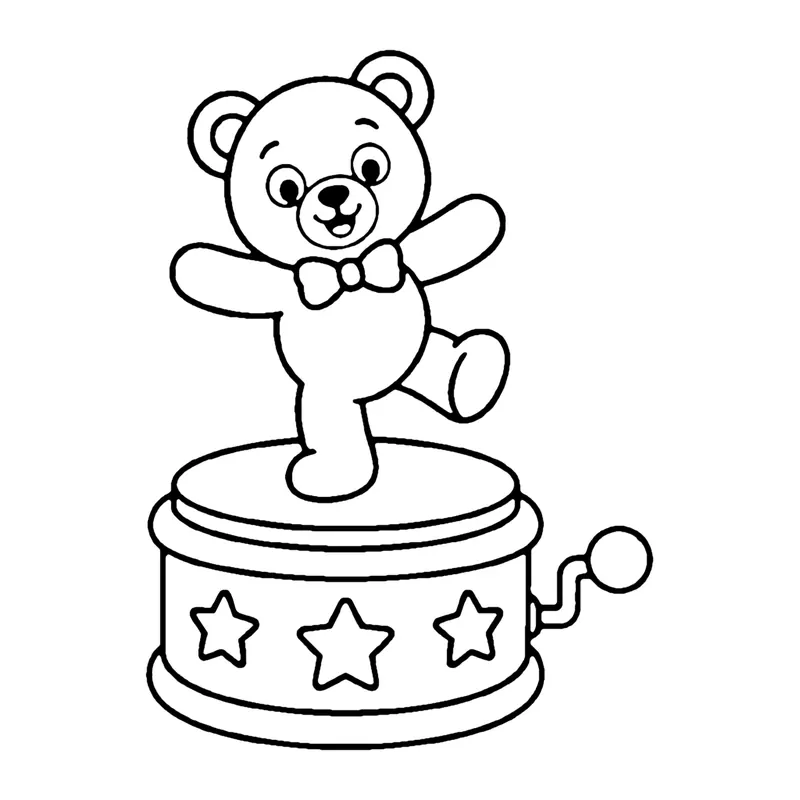 Line drawing of a teddy bear dancing on top of a round music box decorated with stars