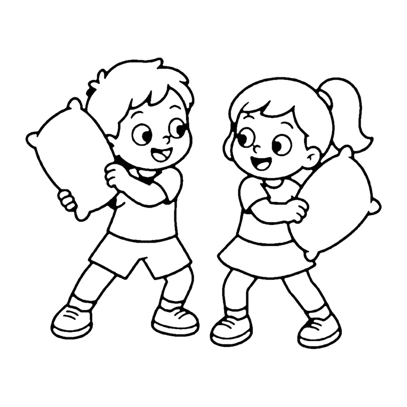 Line drawing of a boy and a girl in pajamas laughing and holding pillows for a pillow fight