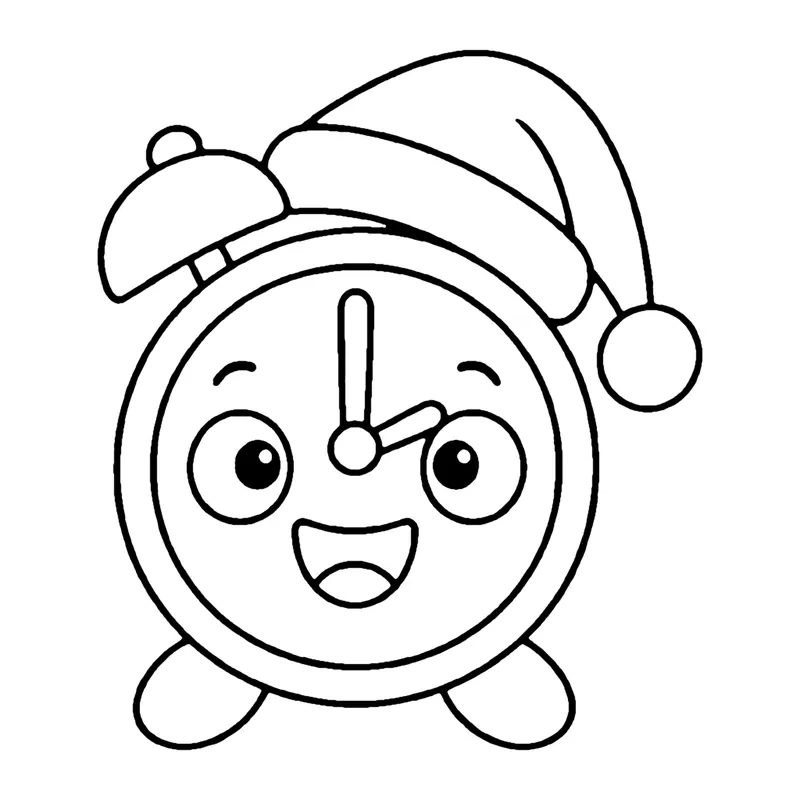 Line drawing of a smiling alarm clock with two bells on top wearing a nightcap