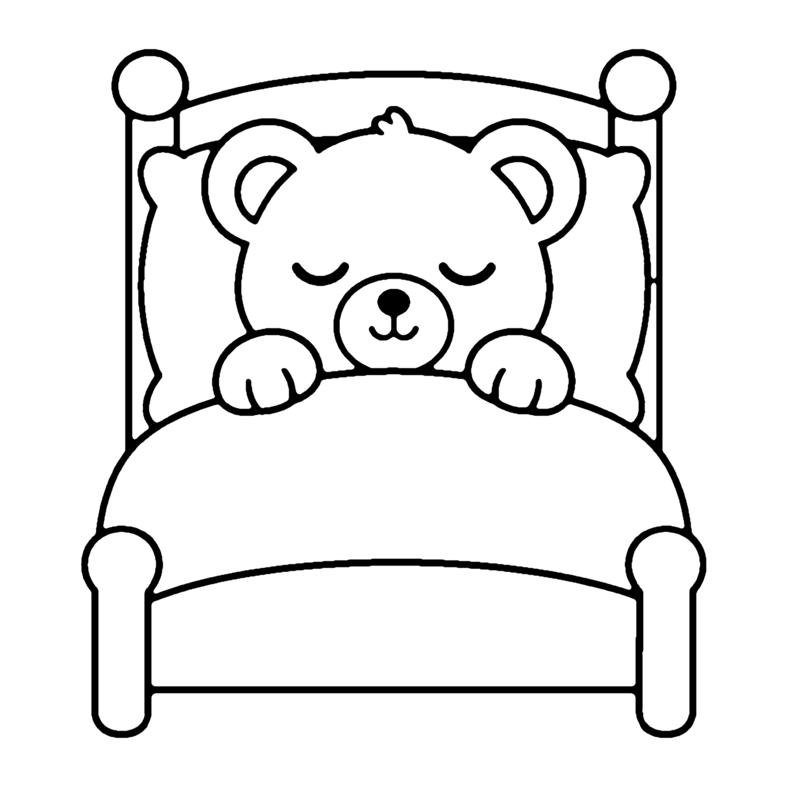 Line drawing of a teddy bear sleeping in a bed with its head on a pillow and a blanket pulled up