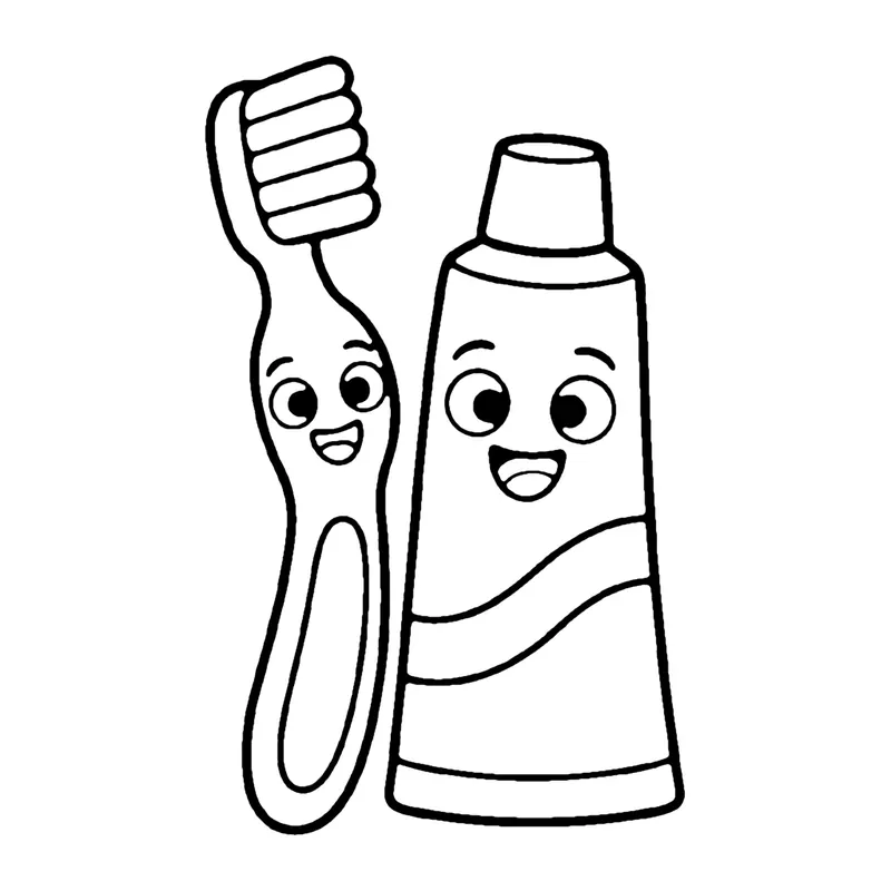 Line drawing of a smiling toothbrush standing next to a smiling tube of toothpaste