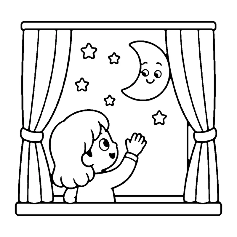Line drawing of a child at a curtained window waving to a smiling moon and stars