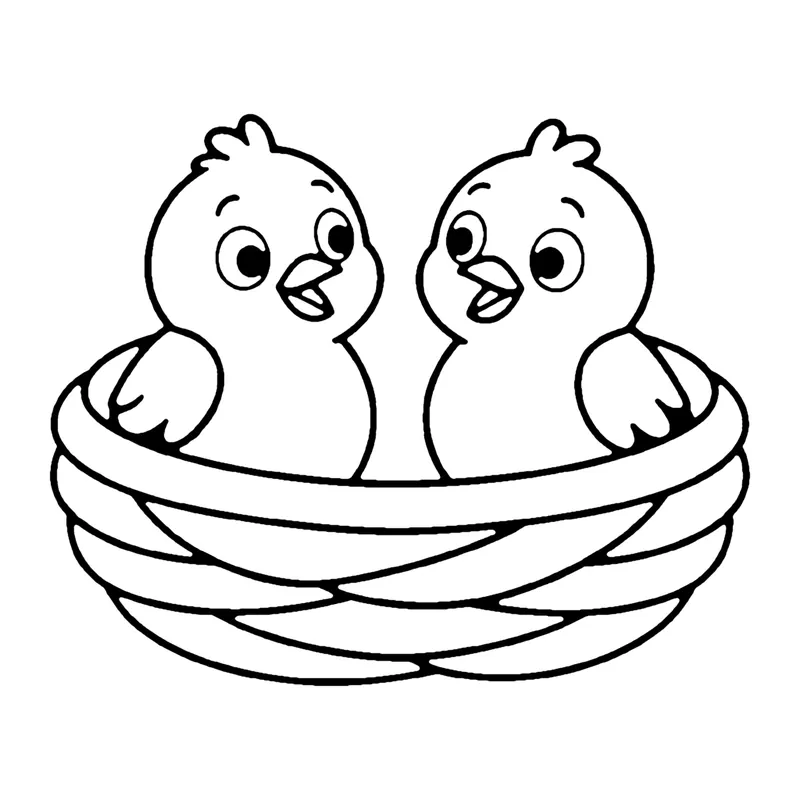 Line drawing of two baby birds sitting side by side in a woven twig nest
