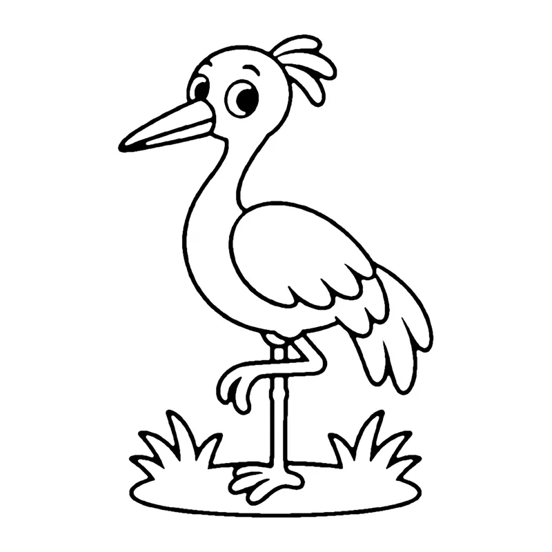 Line drawing of a crane with a feathered crest standing on one leg in a tuft of grass